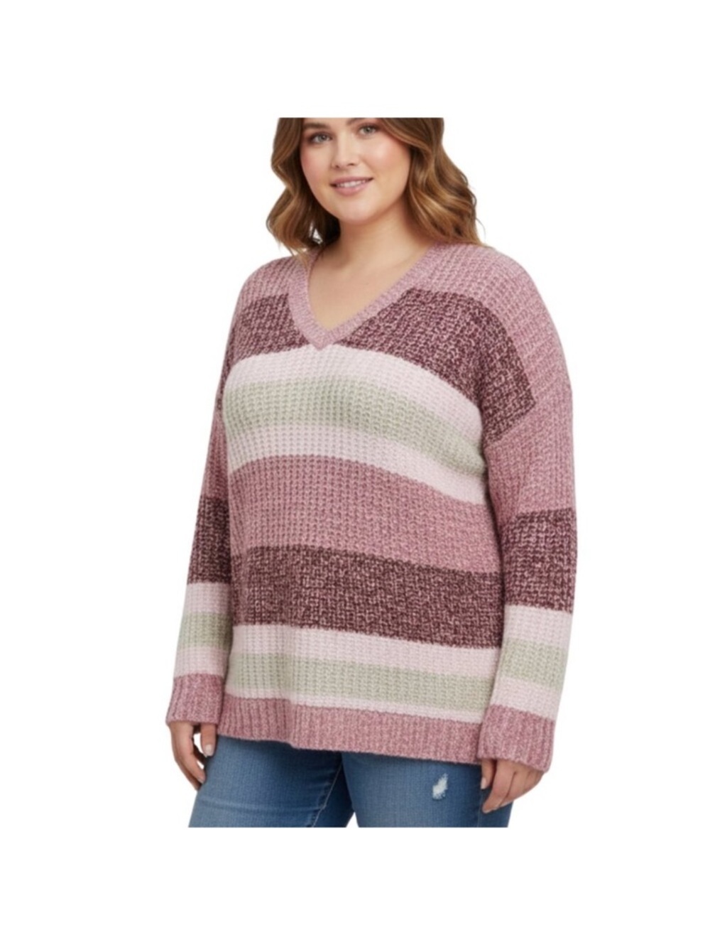 torrid Striped V-Neck Sweater in Pink, Mauve & Sage